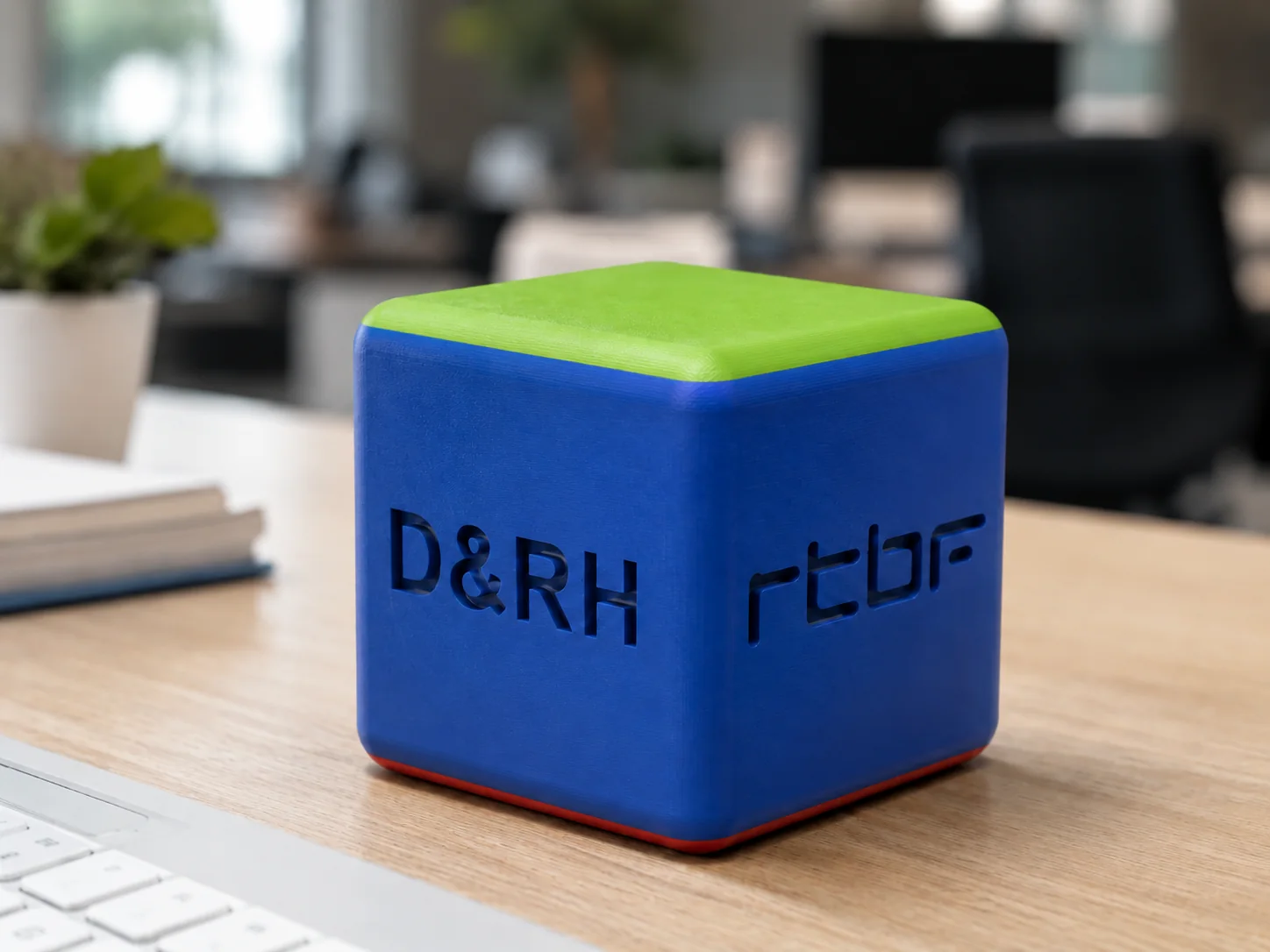Rendu du cube CUDI bleu et vert, présenté sur un bureau